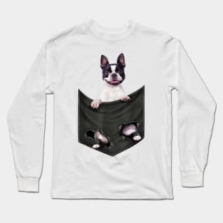 Boston Terrier Dog In Pocket Long Sleeve T-Shirt